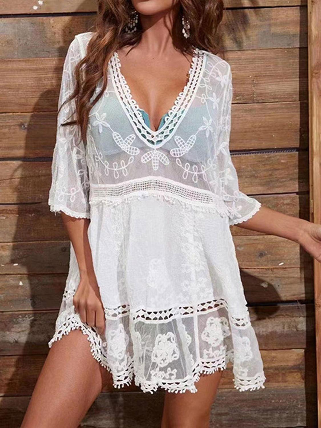Lace Detail Plunge Cover-Up Dress - Clothes For Her Online Store