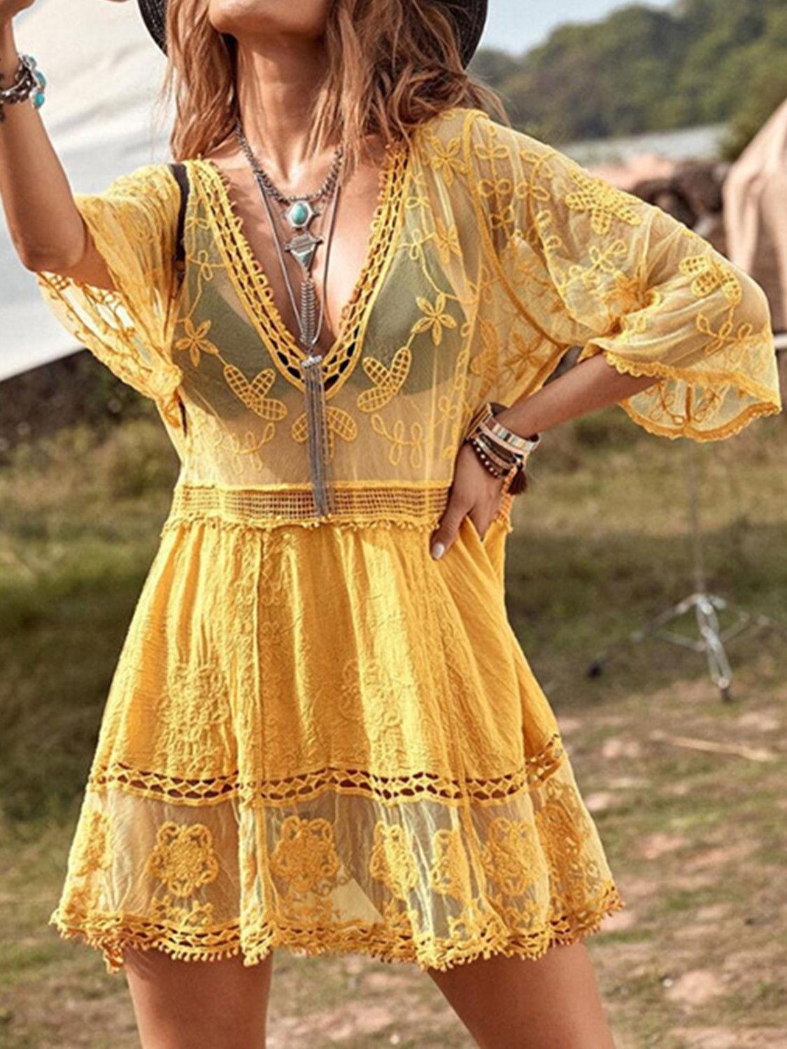 Lace Detail Plunge Cover-Up Dress - Clothes For Her Online Store