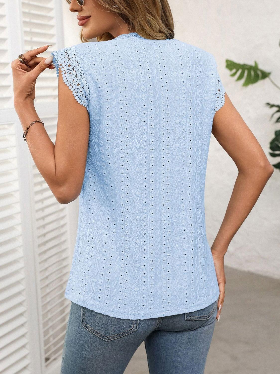 Lace Detail Round Neck Cap Sleeve Top - Clothes For Her Online Store
