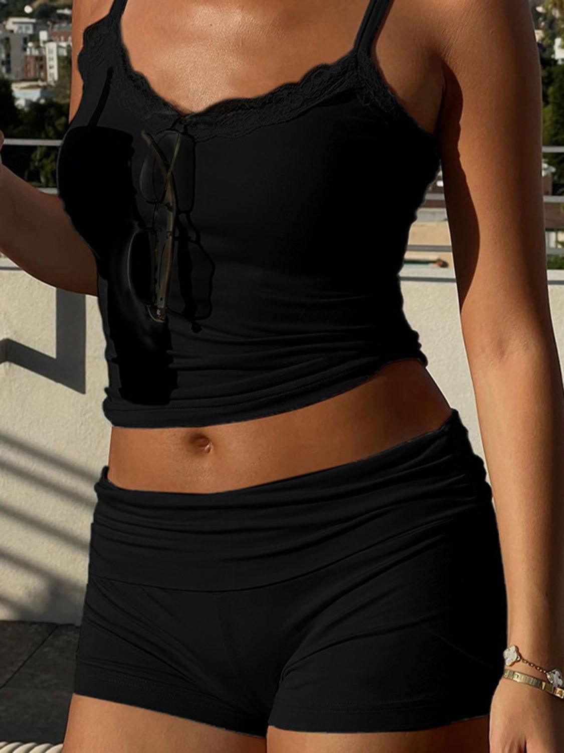 Lace Detail Scoop Neck Cami and Shorts Set - Clothes For Her Online Store