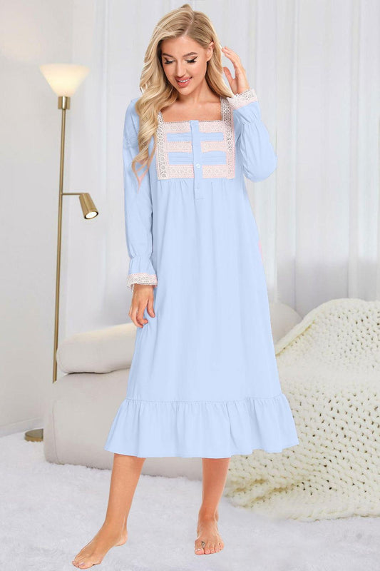 Lace Detail Square Neck Flounce Sleeve Night Dress - Clothes For Her Online Store