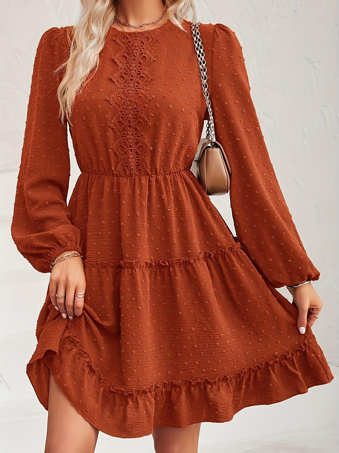 Lace Detail Swiss Dot Round Neck Mini Dress - Clothes For Her Online Store