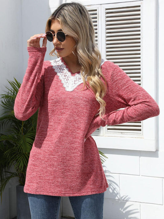 Lace Detail V-Neck Long Sleeve T-Shirt - Clothes For Her Online Store