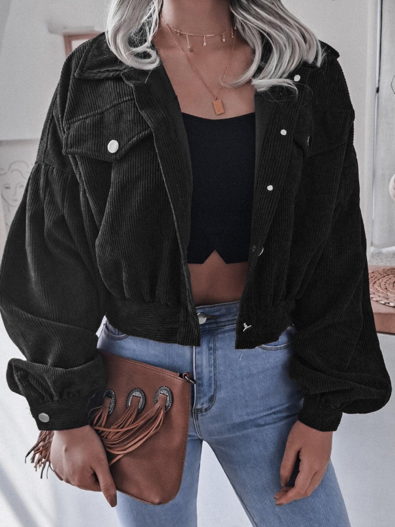 Lantern Sleeve Cropped Corduroy Jacket - Clothes For Her Online Store