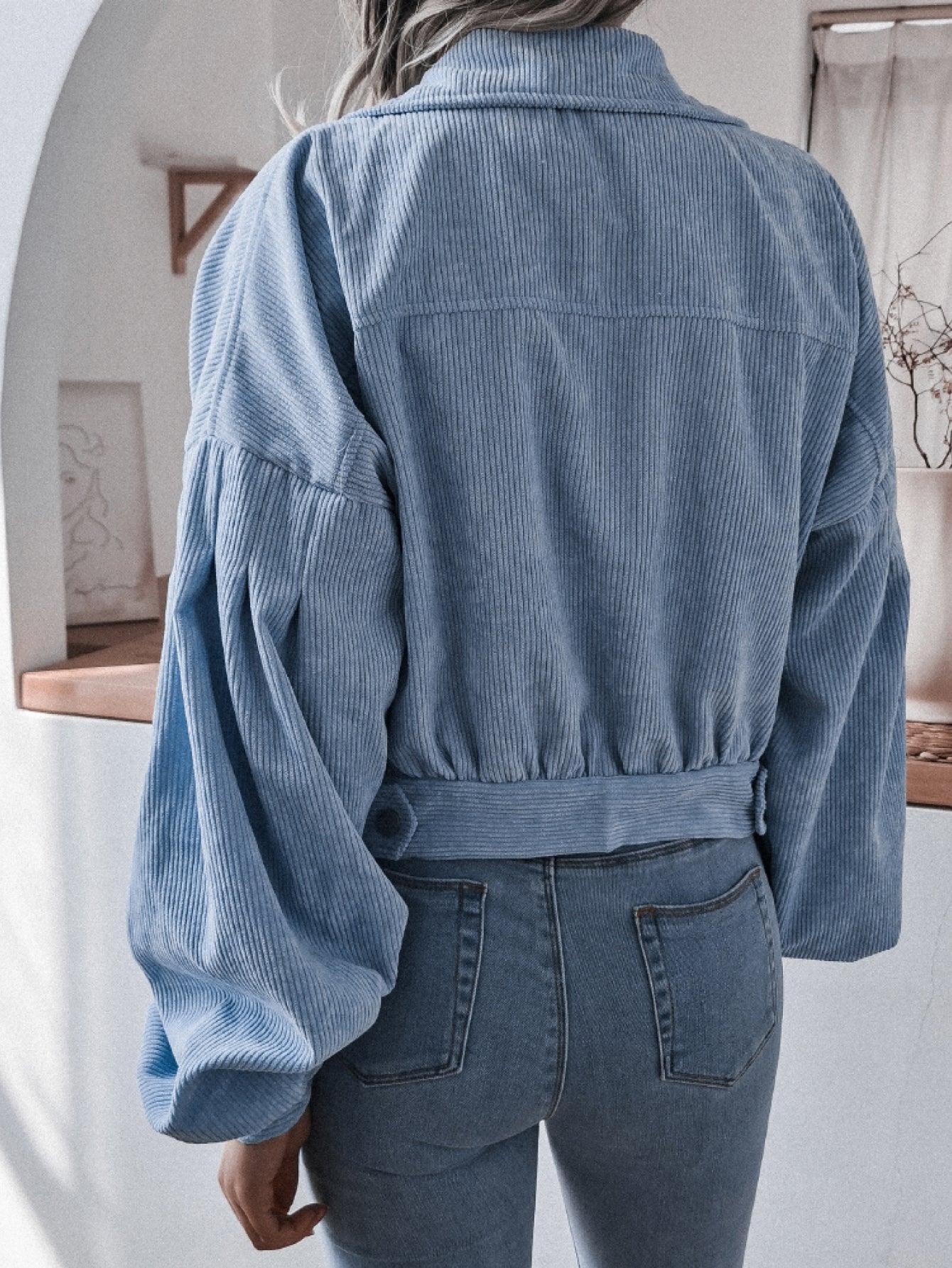 Lantern Sleeve Cropped Corduroy Jacket - Clothes For Her Online Store