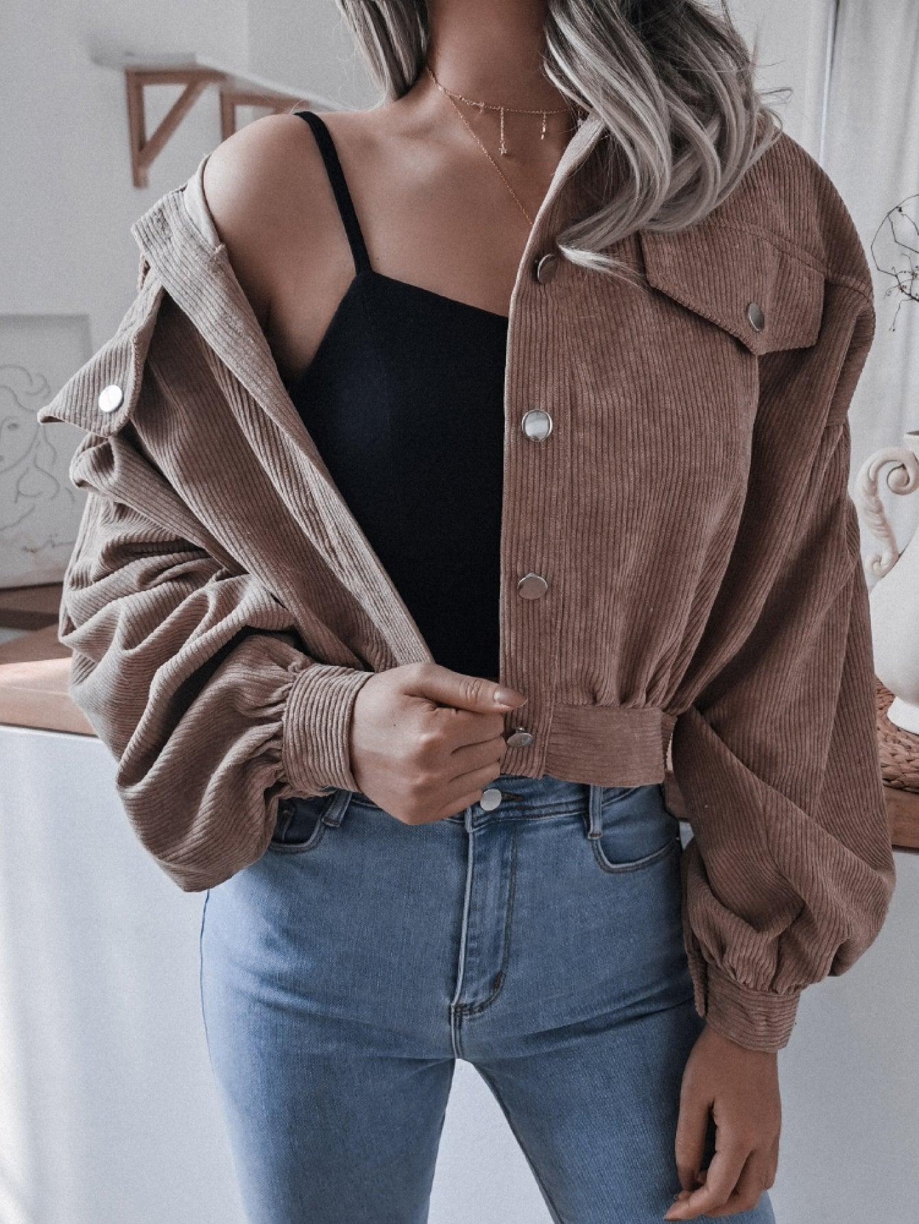 Lantern Sleeve Cropped Corduroy Jacket - Clothes For Her Online Store