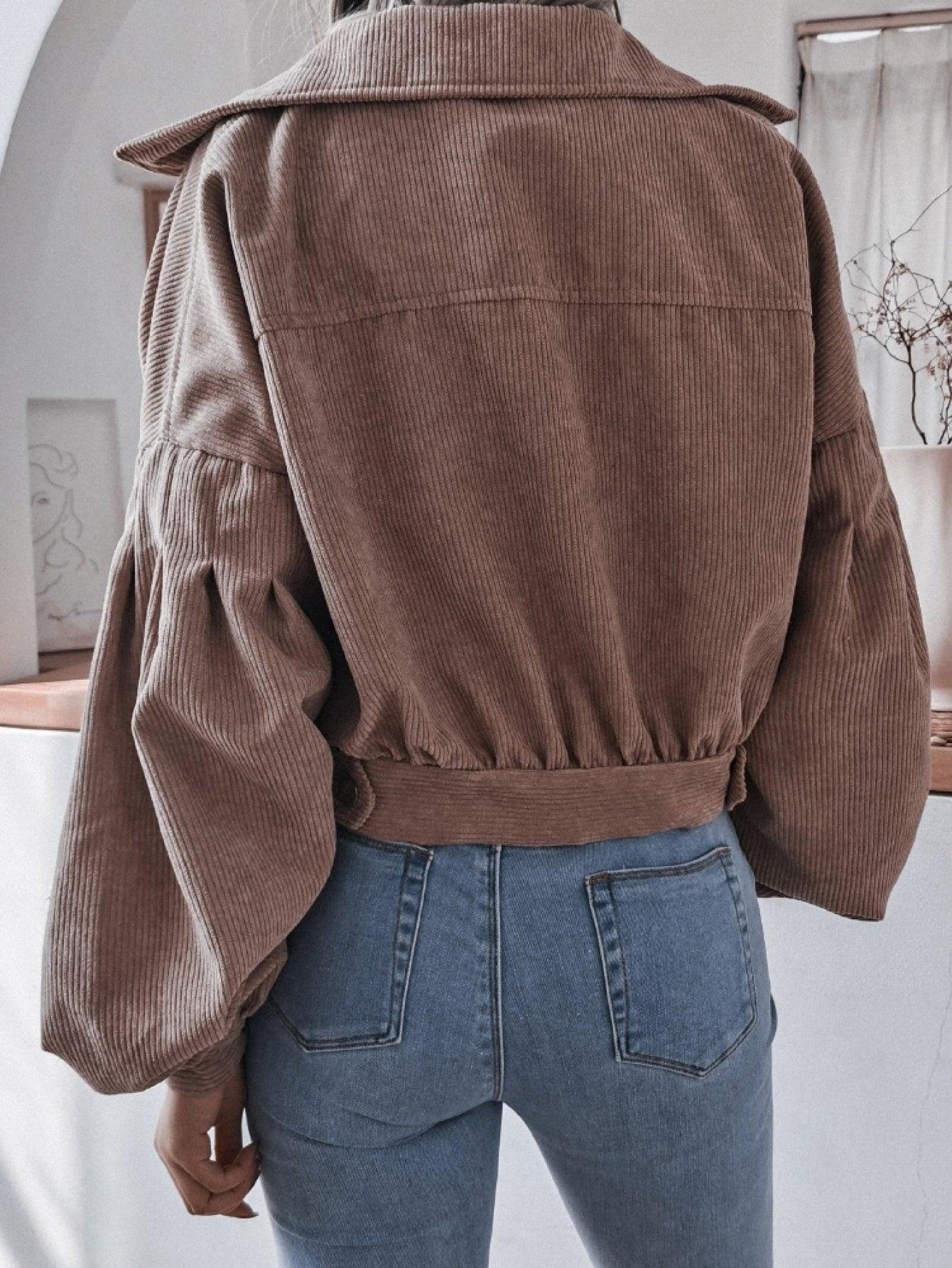Lantern Sleeve Cropped Corduroy Jacket - Clothes For Her Online Store