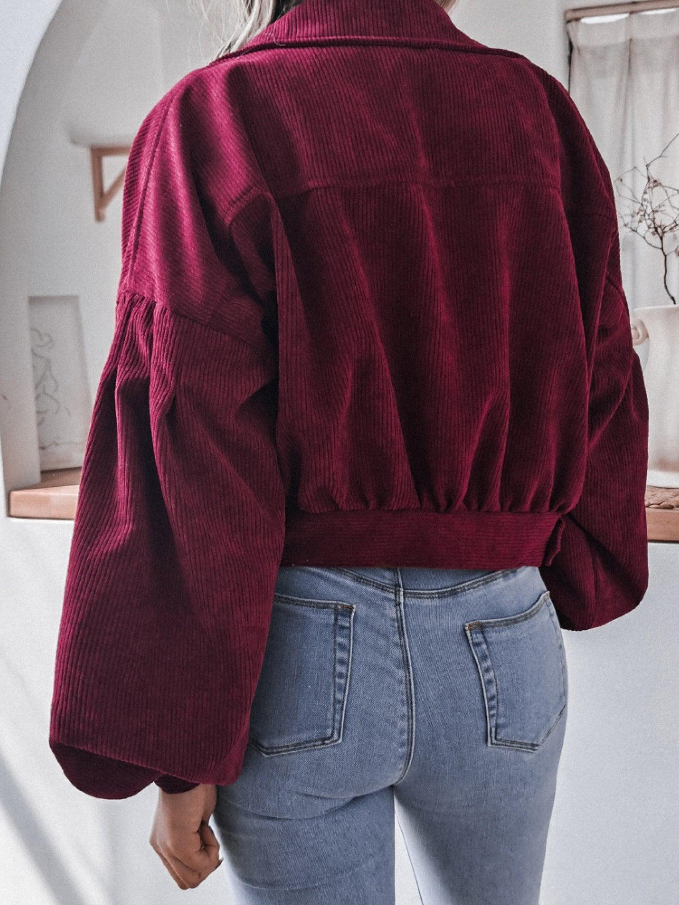 Lantern Sleeve Cropped Corduroy Jacket - Clothes For Her Online Store