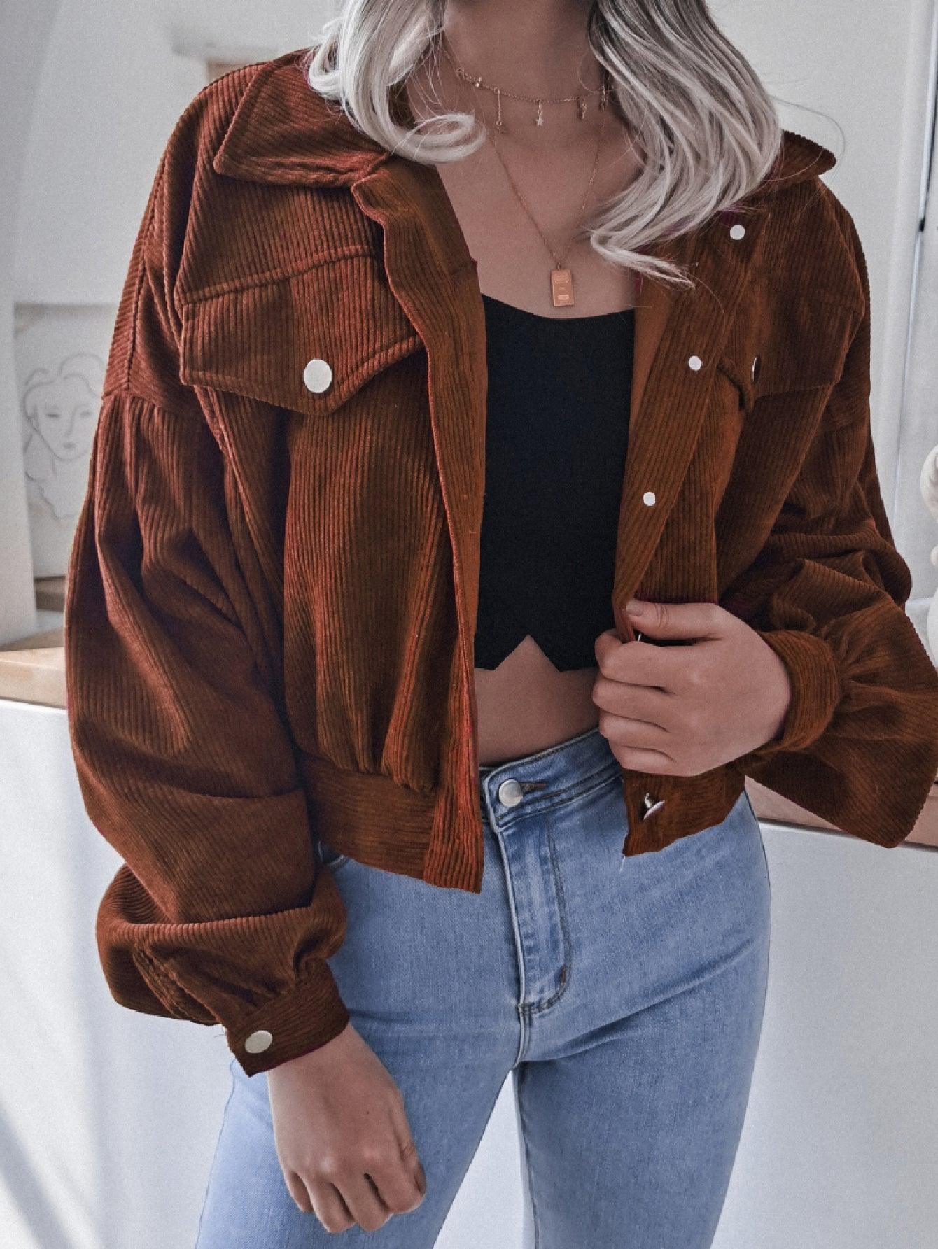 Lantern Sleeve Cropped Corduroy Jacket - Clothes For Her Online Store