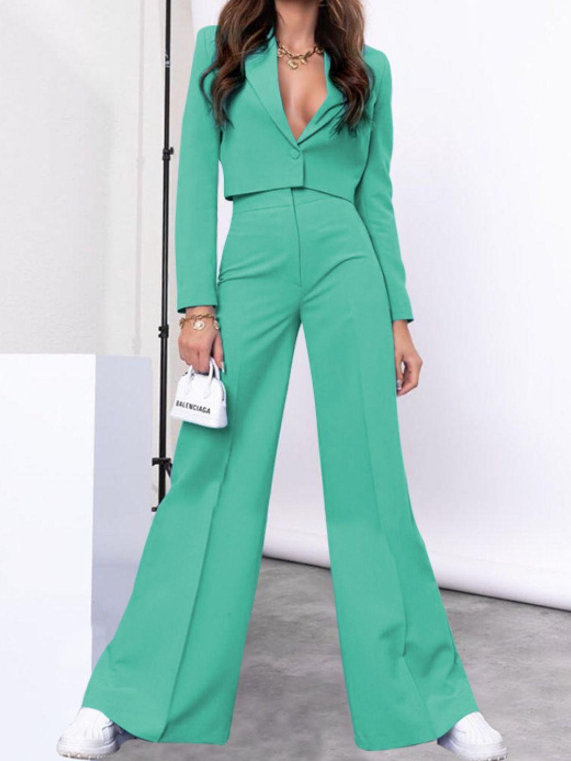Lapel Collar Cropped Top and Wide Leg Pants Set - Clothes For Her Online Store