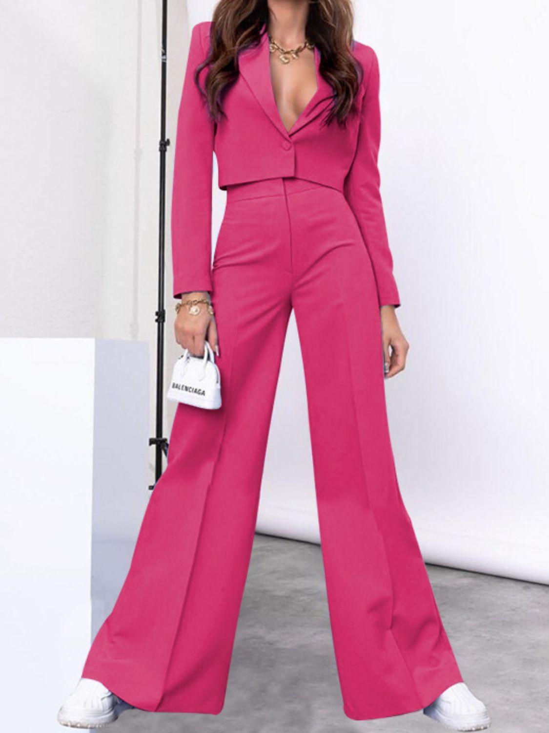 Lapel Collar Cropped Top and Wide Leg Pants Set - Clothes For Her Online Store