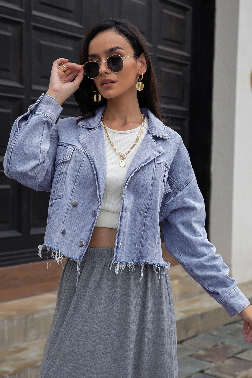 Lapel Collar Long Sleeve Denim Jacket - Clothes For Her Online Store