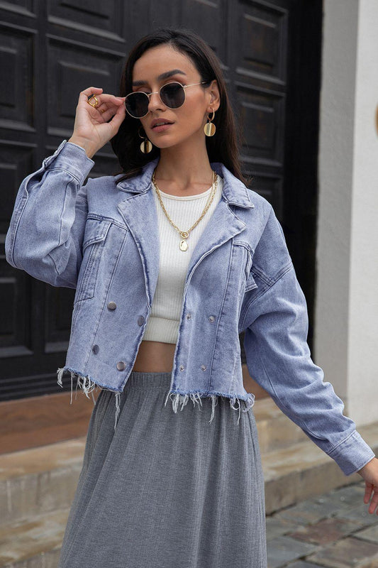 Lapel Collar Long Sleeve Denim Jacket - Clothes For Her Online Store