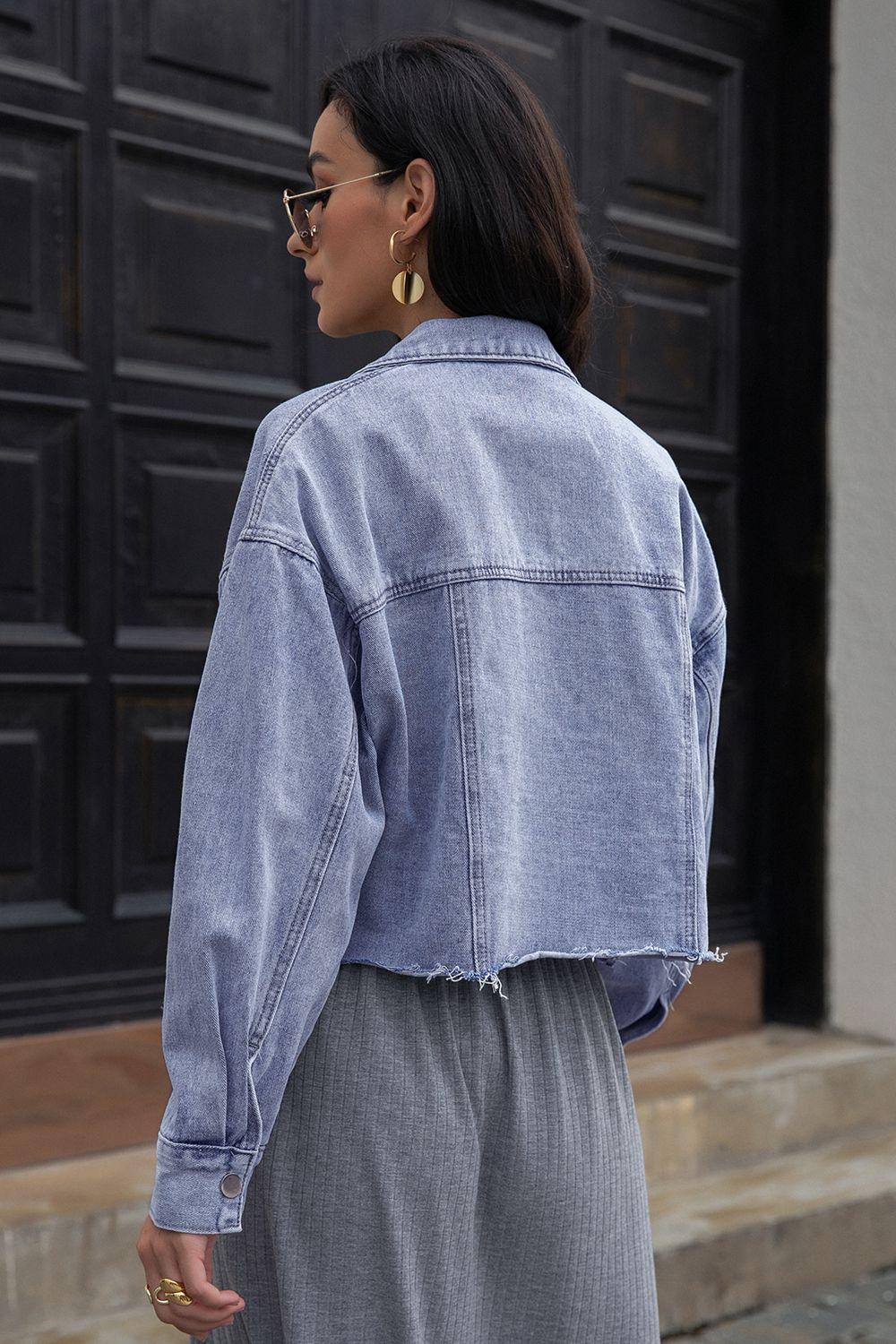 Lapel Collar Long Sleeve Denim Jacket - Clothes For Her Online Store