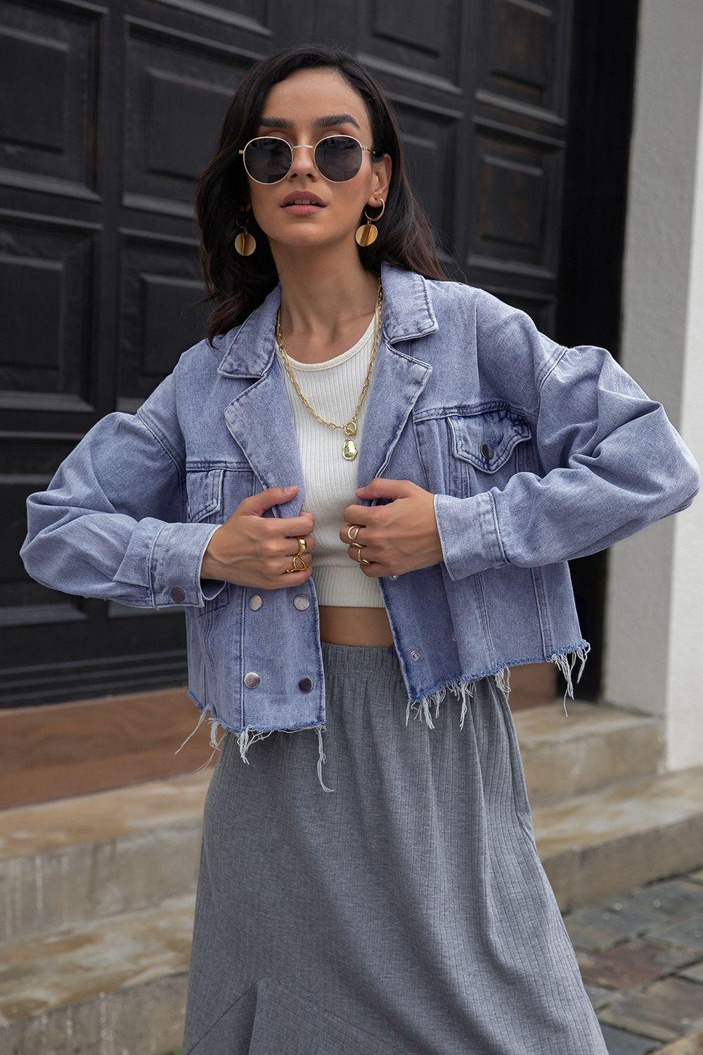 Lapel Collar Long Sleeve Denim Jacket - Clothes For Her Online Store