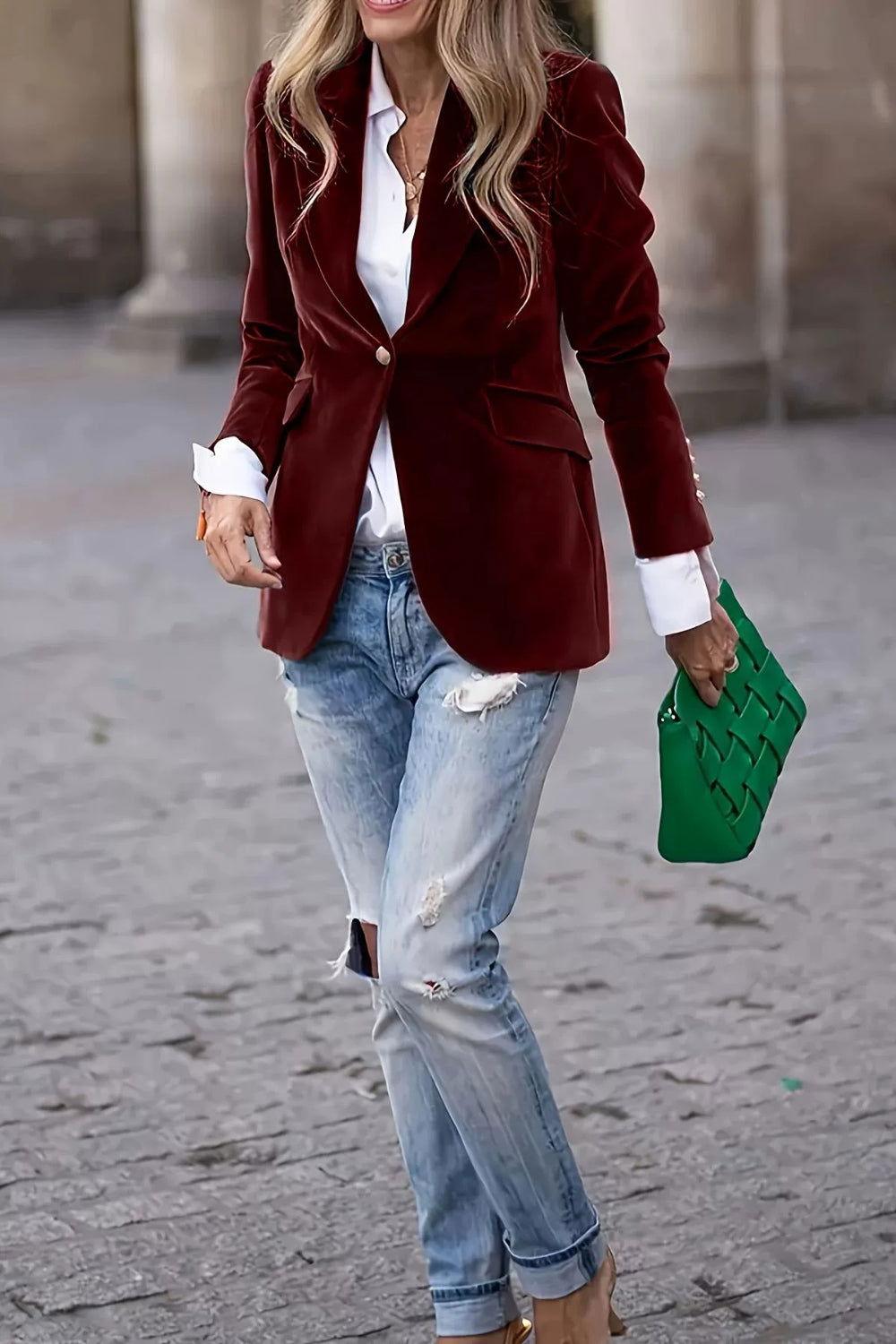 Lapel Collar One Button Blazer - Clothes For Her Online Store