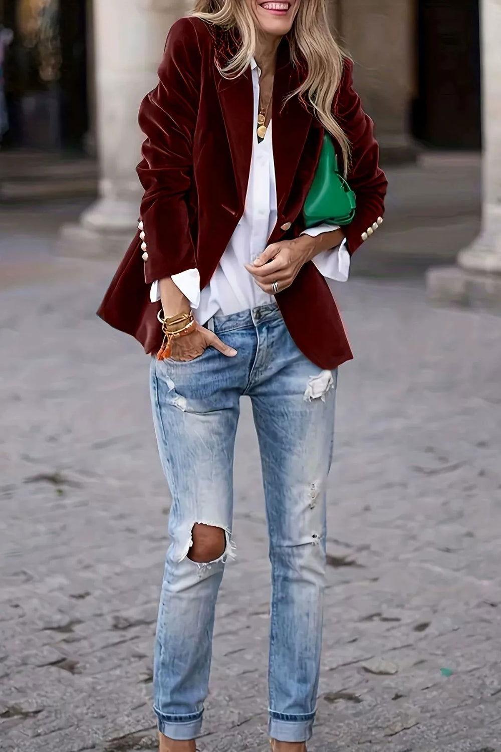 Lapel Collar One Button Blazer - Clothes For Her Online Store