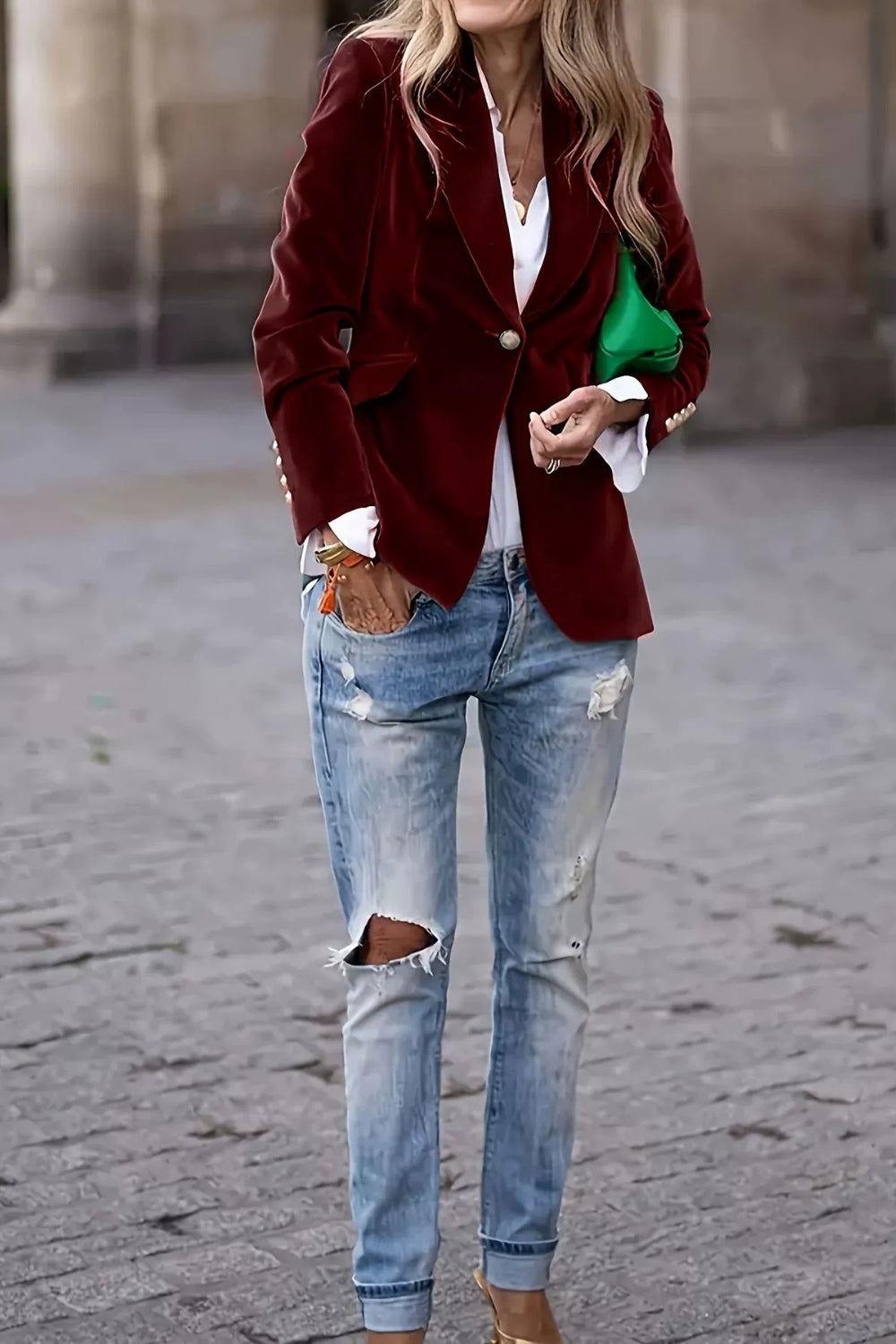 Lapel Collar One Button Blazer - Clothes For Her Online Store