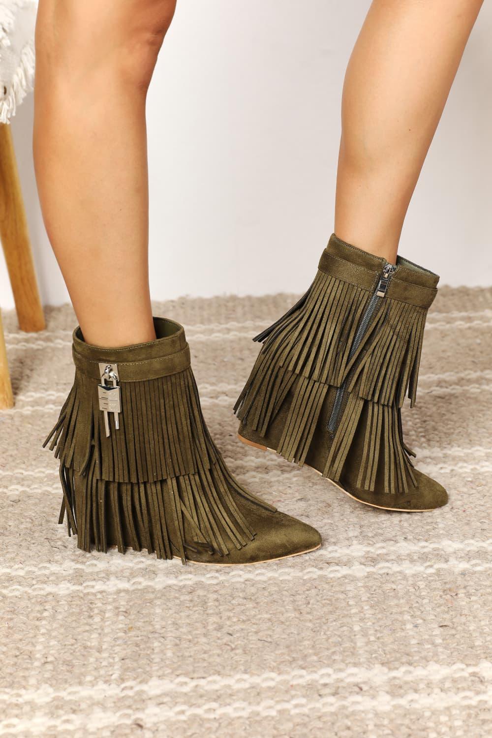 Legend Women's Tassel Wedge Heel Ankle Booties - Clothes For Her Online Store