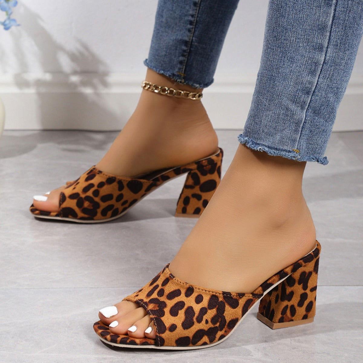 Leopard Block Heel Suede Sandals - Clothes For Her Online Store