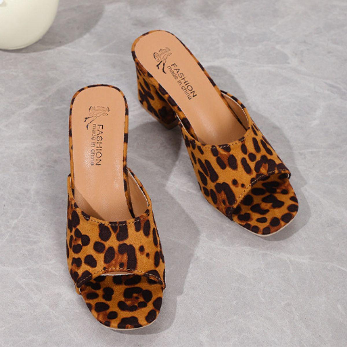 Leopard Block Heel Suede Sandals - Clothes For Her Online Store
