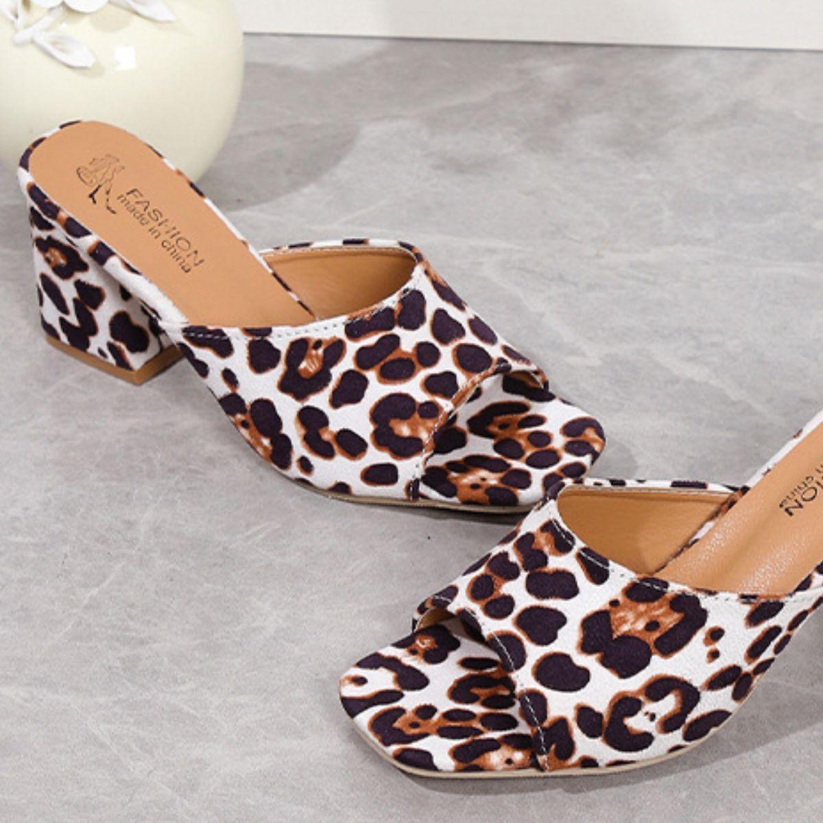 Leopard Block Heel Suede Sandals - Clothes For Her Online Store
