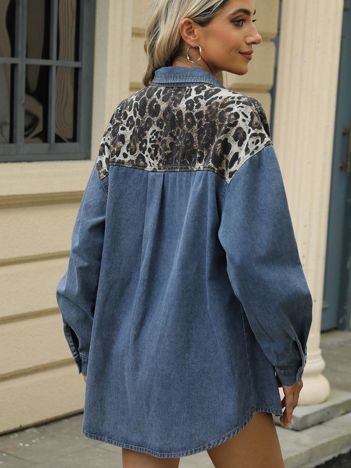 Leopard Button Up Long Sleeve Denim Jacket - Clothes For Her Online Store