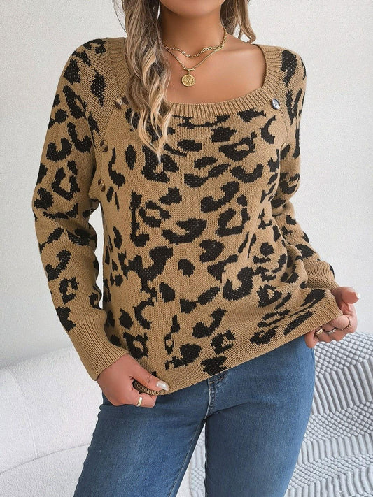 Leopard Buttoned Square Neck Sweater - Clothes For Her Online Store