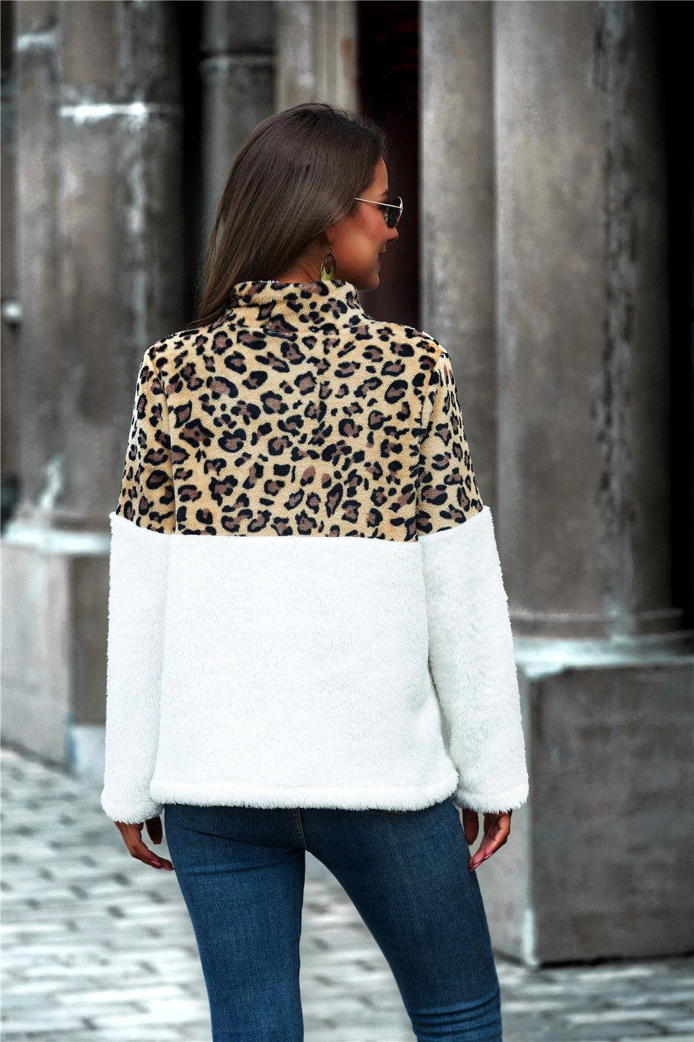 Leopard Color Block Half-Zip Collar Teddy Sweatshirt - Clothes For Her Online Store