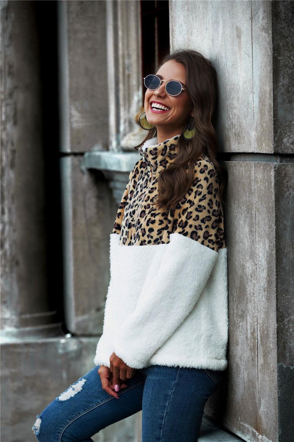 Leopard Color Block Half-Zip Collar Teddy Sweatshirt - Clothes For Her Online Store