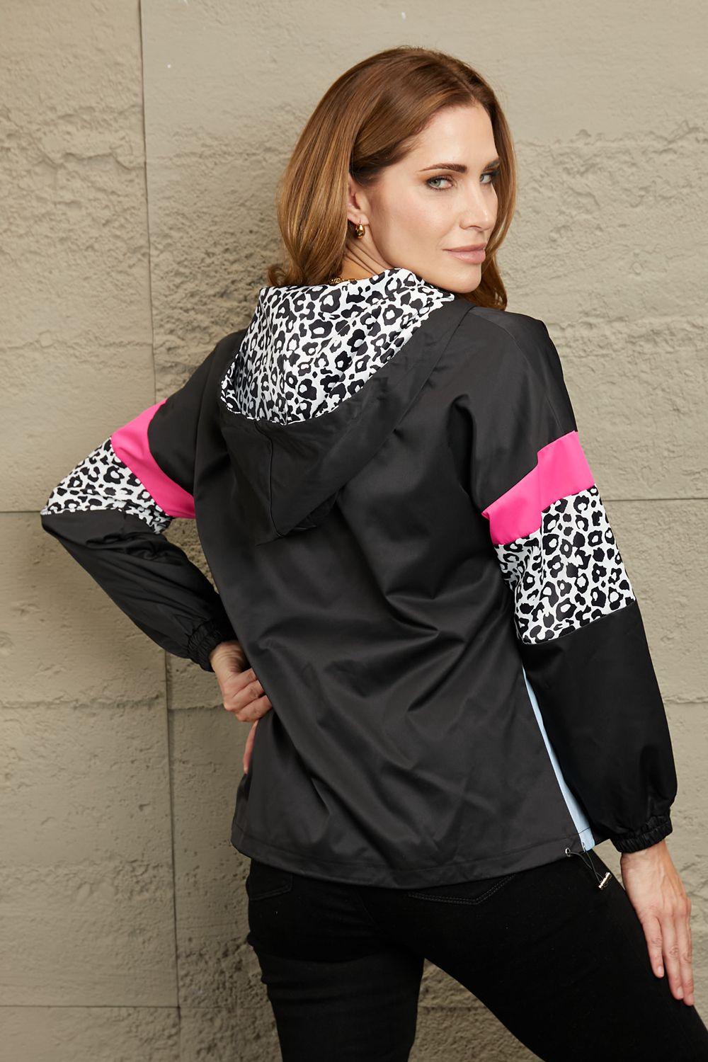 Leopard Color Block Zip-Up Hooded Jacket - Clothes For Her Online Store