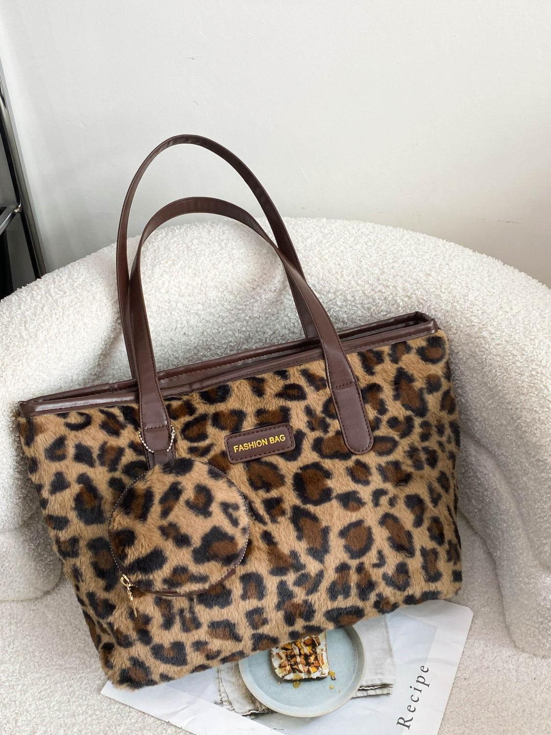 Leopard Faux Fur Tote Bag with Coin Purse - Clothes For Her Online Store