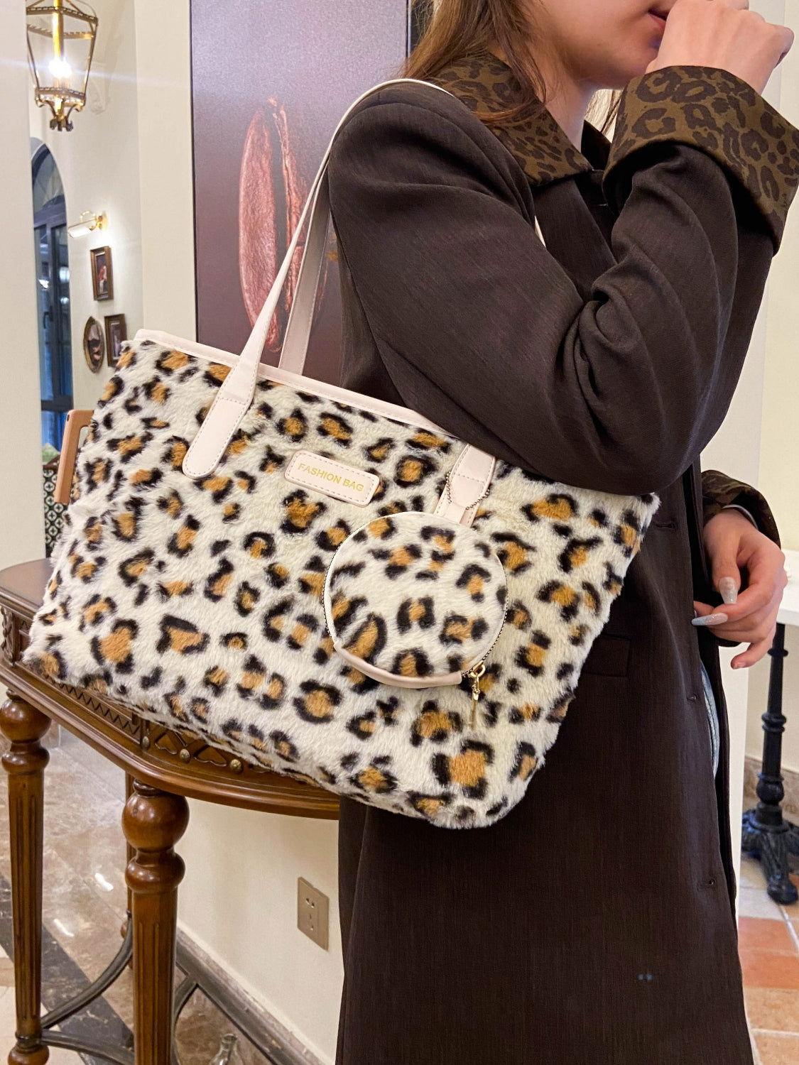 Leopard Faux Fur Tote Bag with Coin Purse - Clothes For Her Online Store