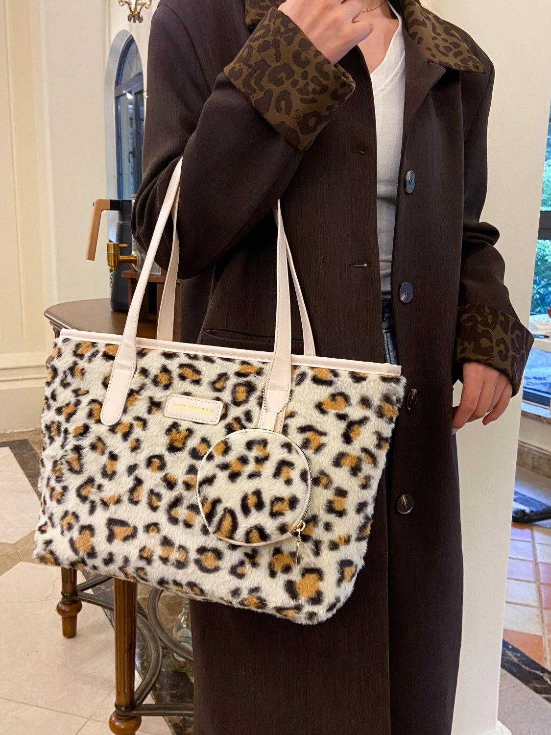Leopard Faux Fur Tote Bag with Coin Purse - Clothes For Her Online Store