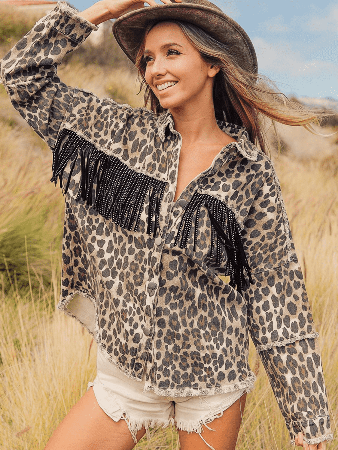 Leopard Fringe Detail Collared Neck Denim Jacket - Clothes For Her Online Store