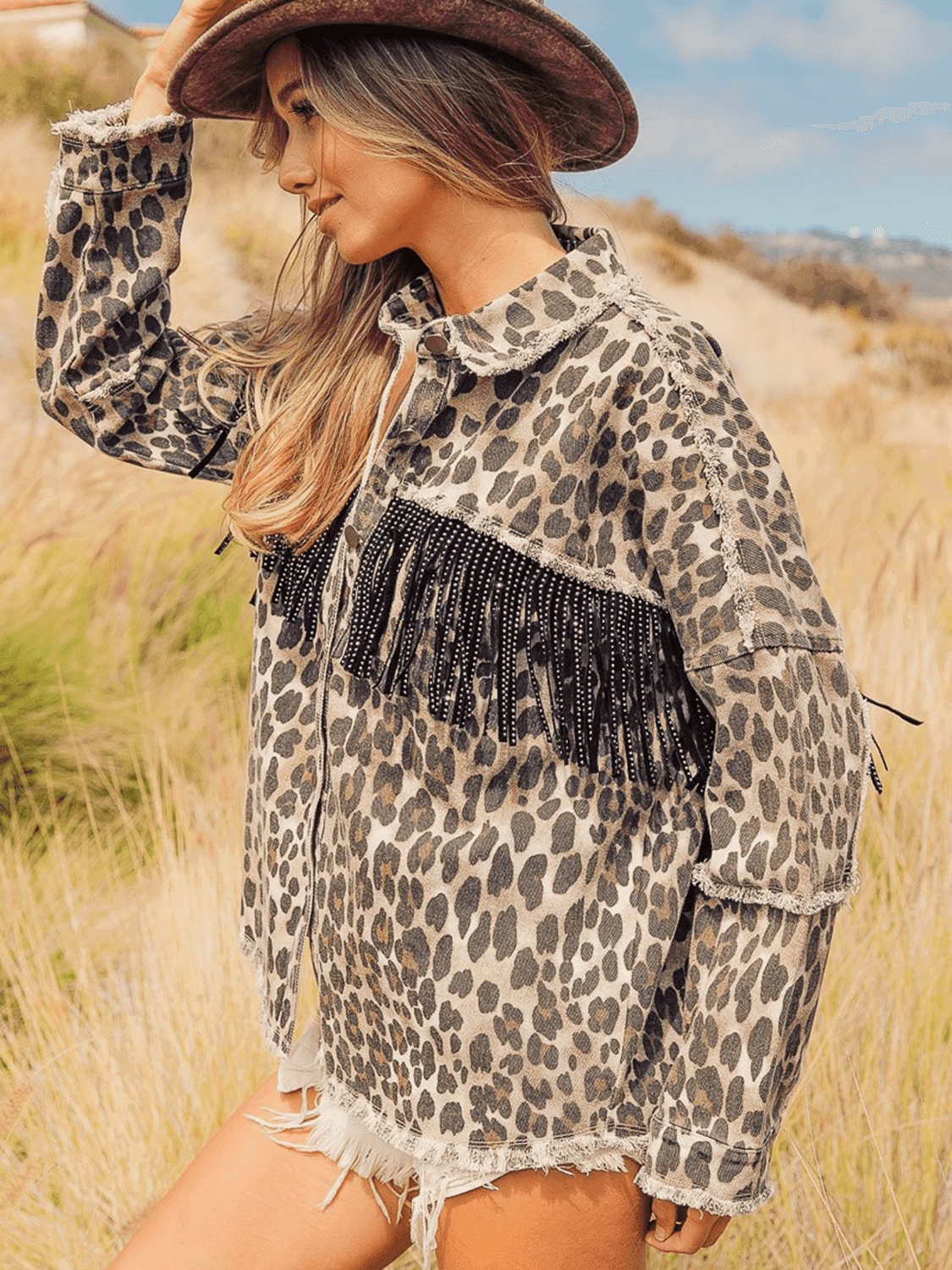 Leopard Fringe Detail Collared Neck Denim Jacket - Clothes For Her Online Store