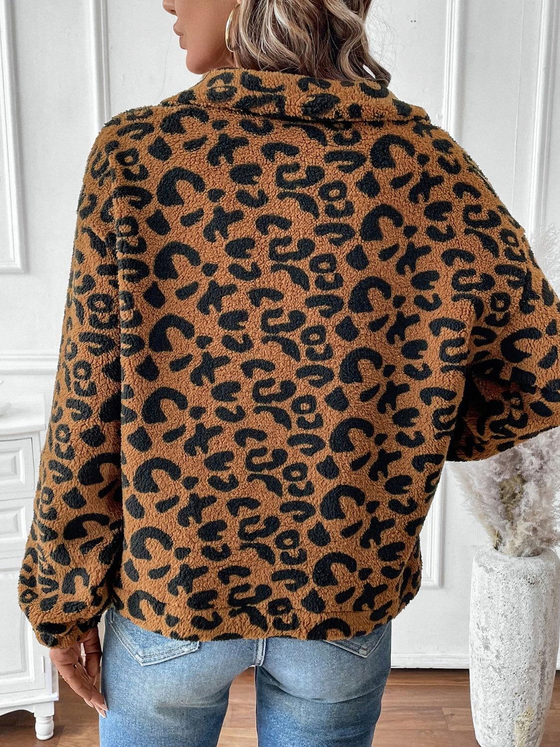 Leopard Half Zip Long Sleeve Sweatshirt - Clothes For Her Online Store
