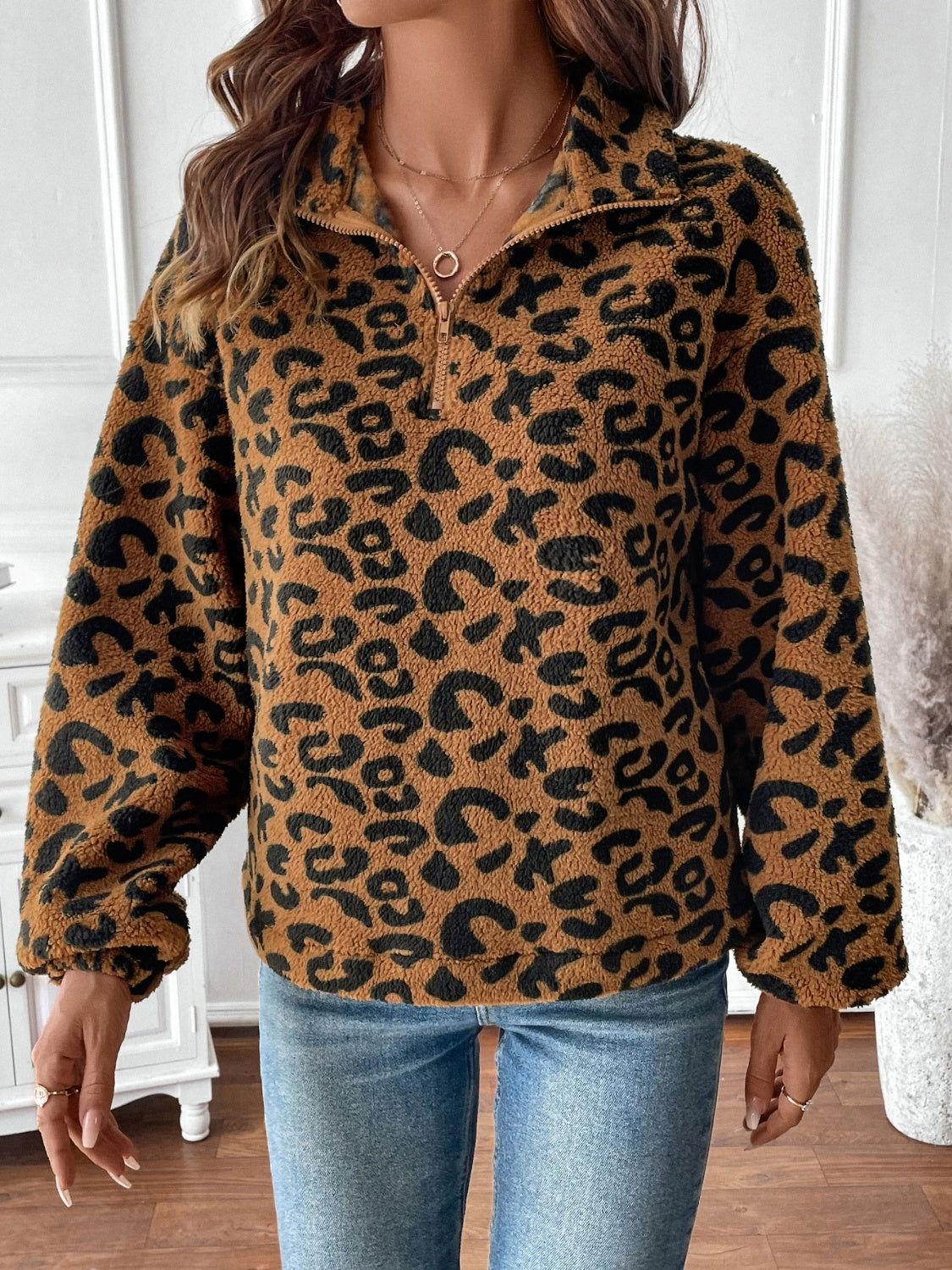 Leopard Half Zip Long Sleeve Sweatshirt - Clothes For Her Online Store