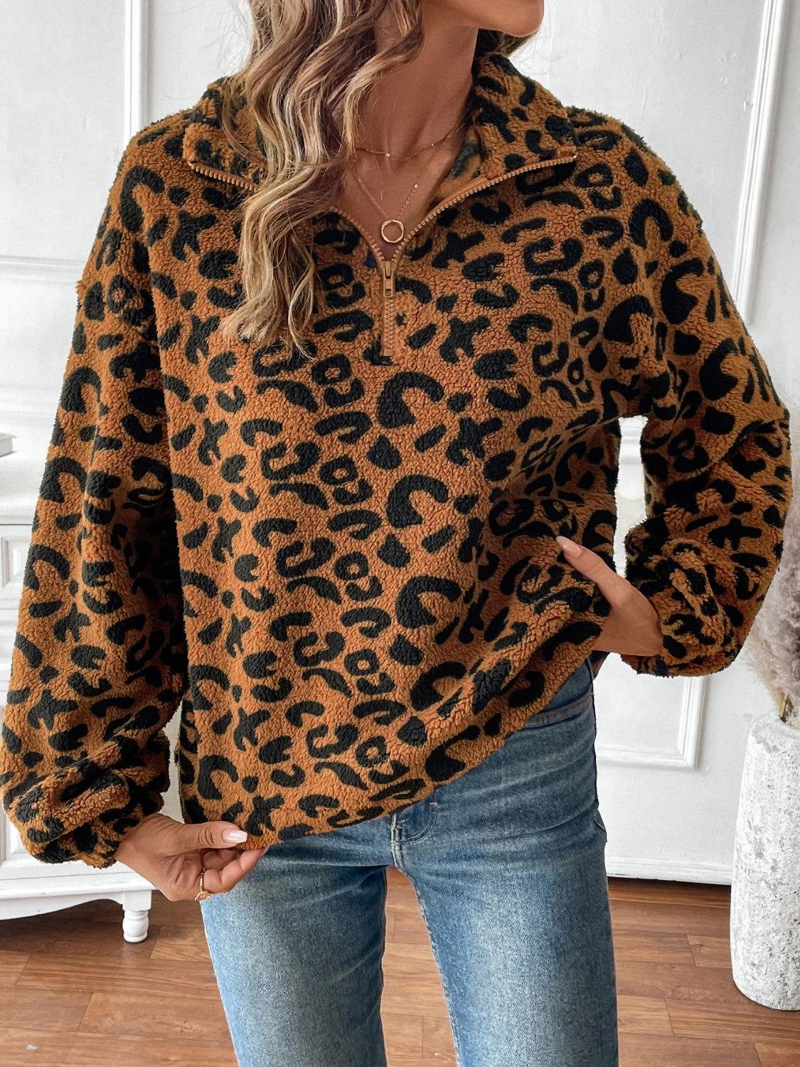 Leopard Half Zip Long Sleeve Sweatshirt - Clothes For Her Online Store