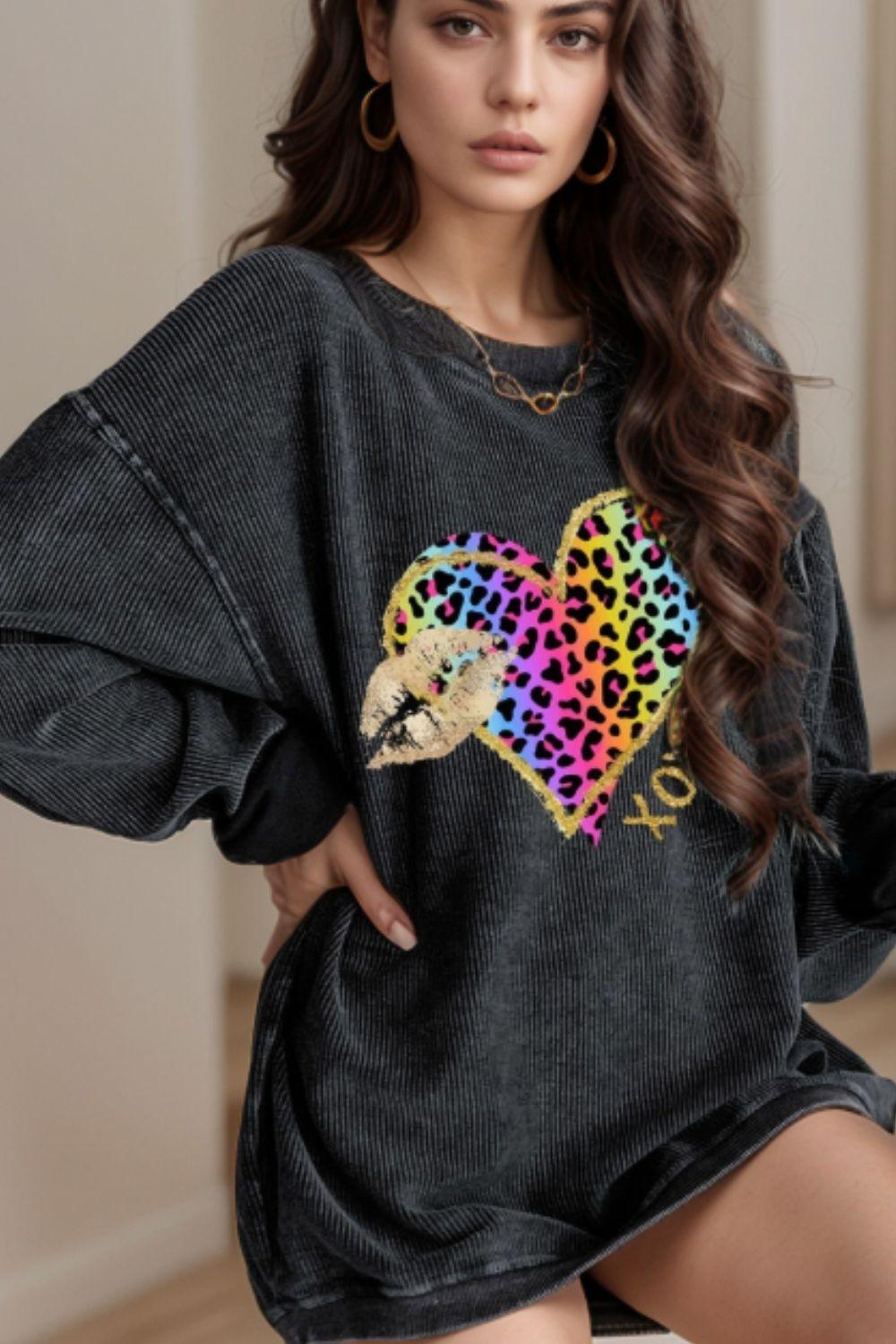Leopard Heart Drop Shoulder Long Sleeve Sweatshirt - Clothes For Her Online Store