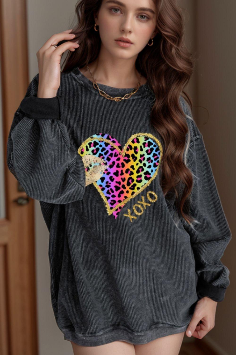Leopard Heart Drop Shoulder Long Sleeve Sweatshirt - Clothes For Her Online Store