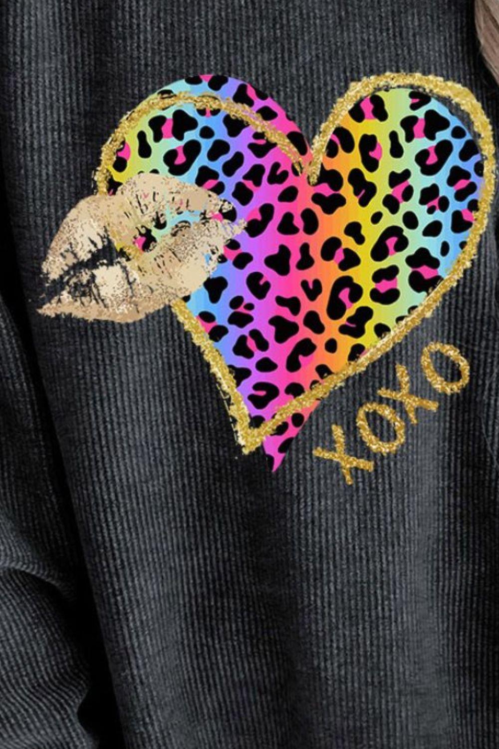 Leopard Heart Drop Shoulder Long Sleeve Sweatshirt - Clothes For Her Online Store