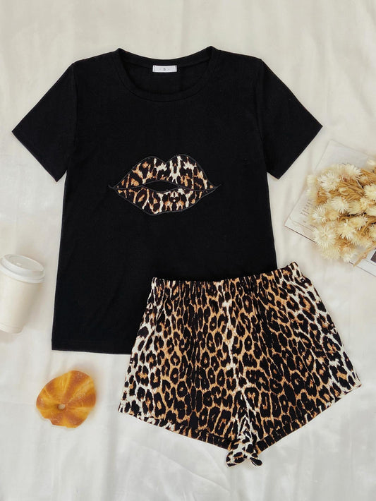 Leopard Lip Graphic Top and Shorts Lounge Set - Clothes For Her Online Store