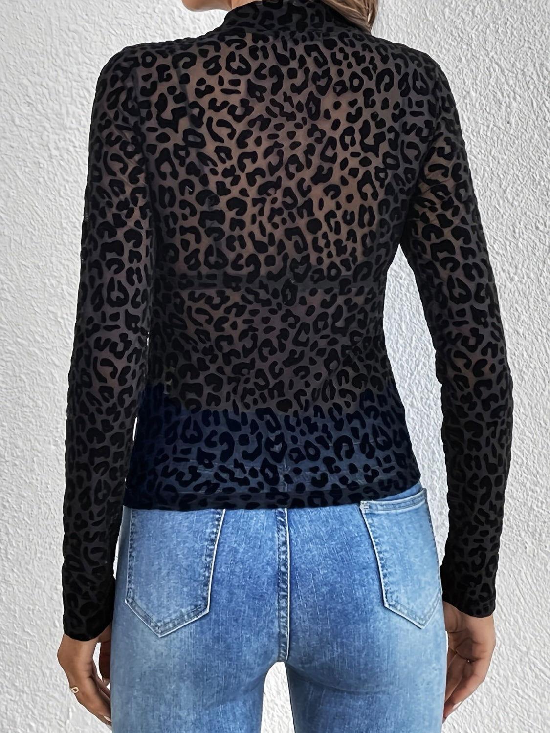 Leopard Mock Neck Long Sleeve Top - Clothes For Her Online Store
