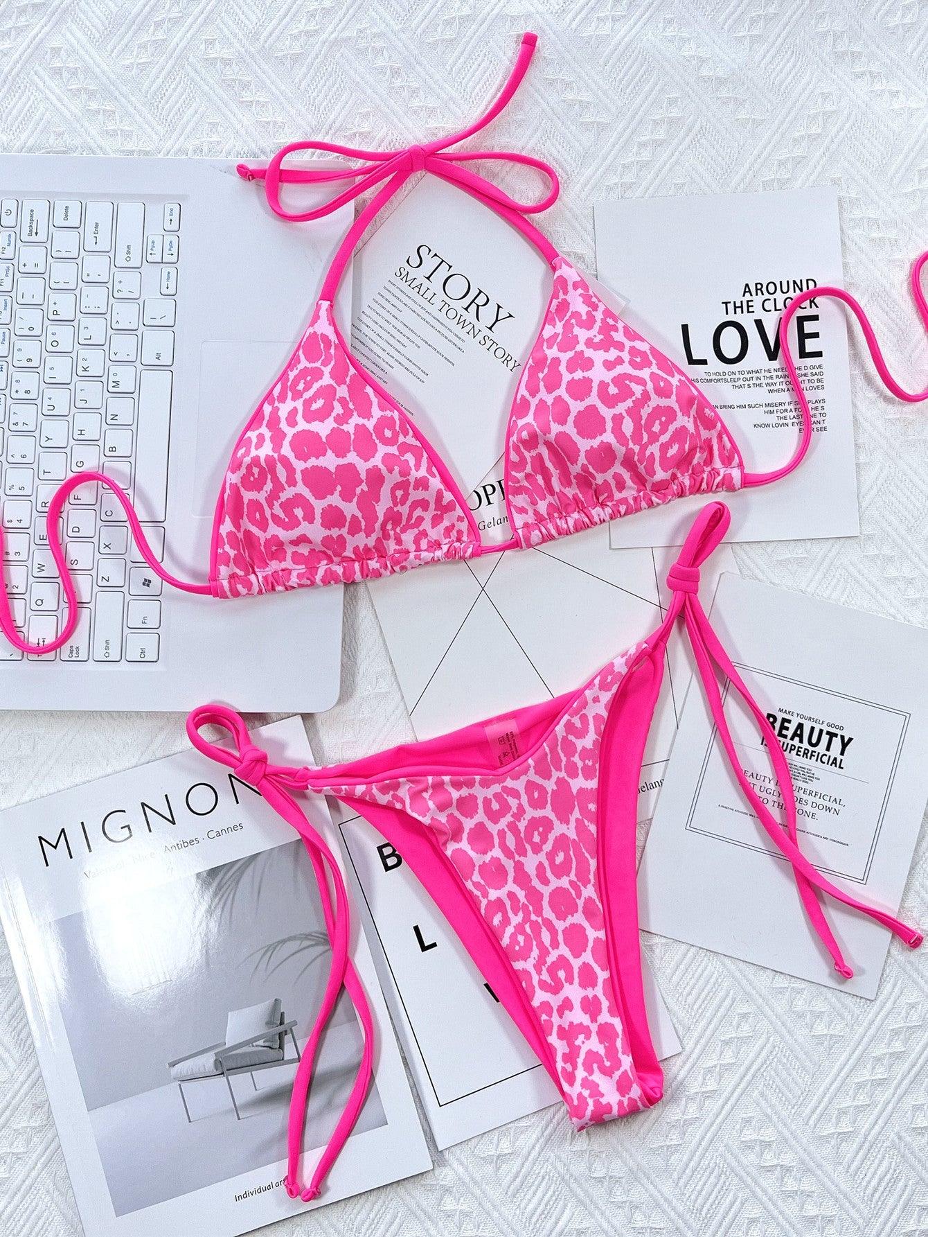 Leopard Print Halter Neck Tie Side Bikini Set - Clothes For Her Online Store