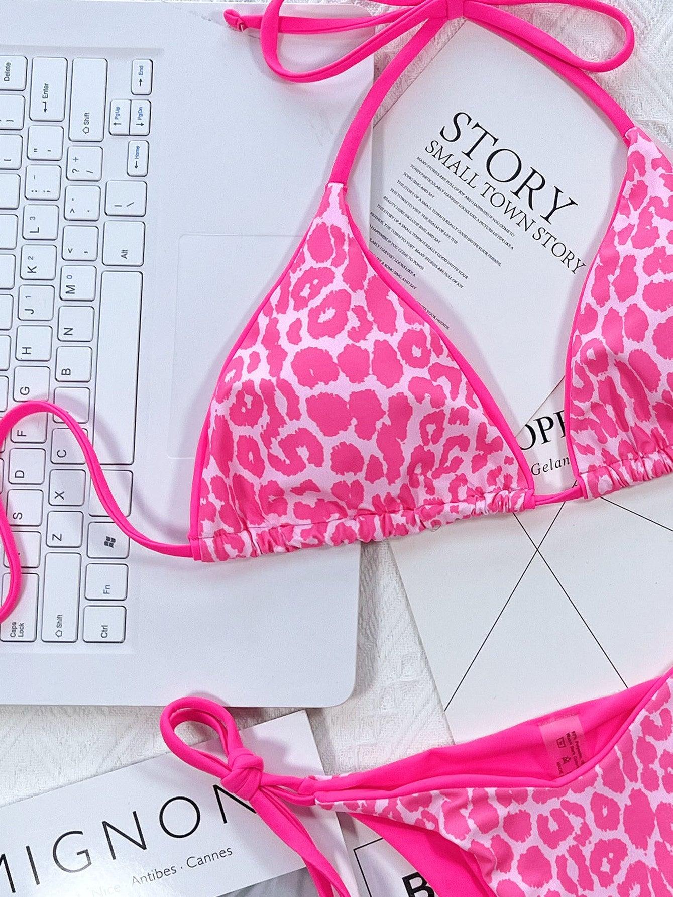Leopard Print Halter Neck Tie Side Bikini Set - Clothes For Her Online Store
