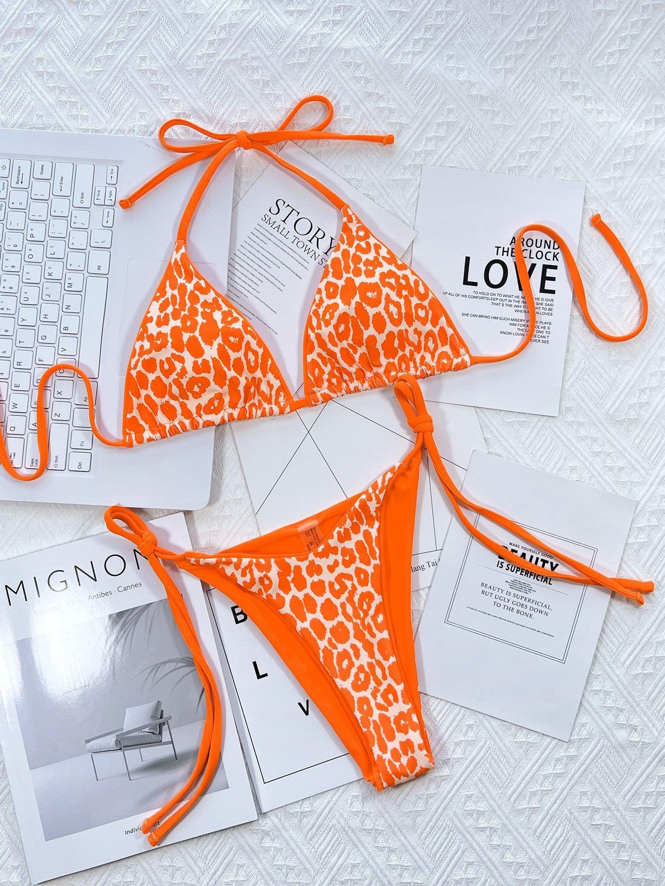 Leopard Print Halter Neck Tie Side Bikini Set - Clothes For Her Online Store