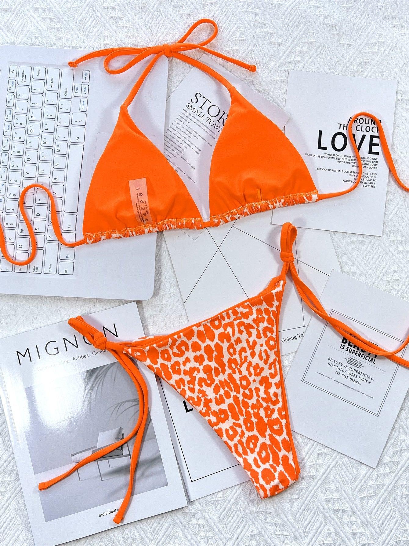 Leopard Print Halter Neck Tie Side Bikini Set - Clothes For Her Online Store
