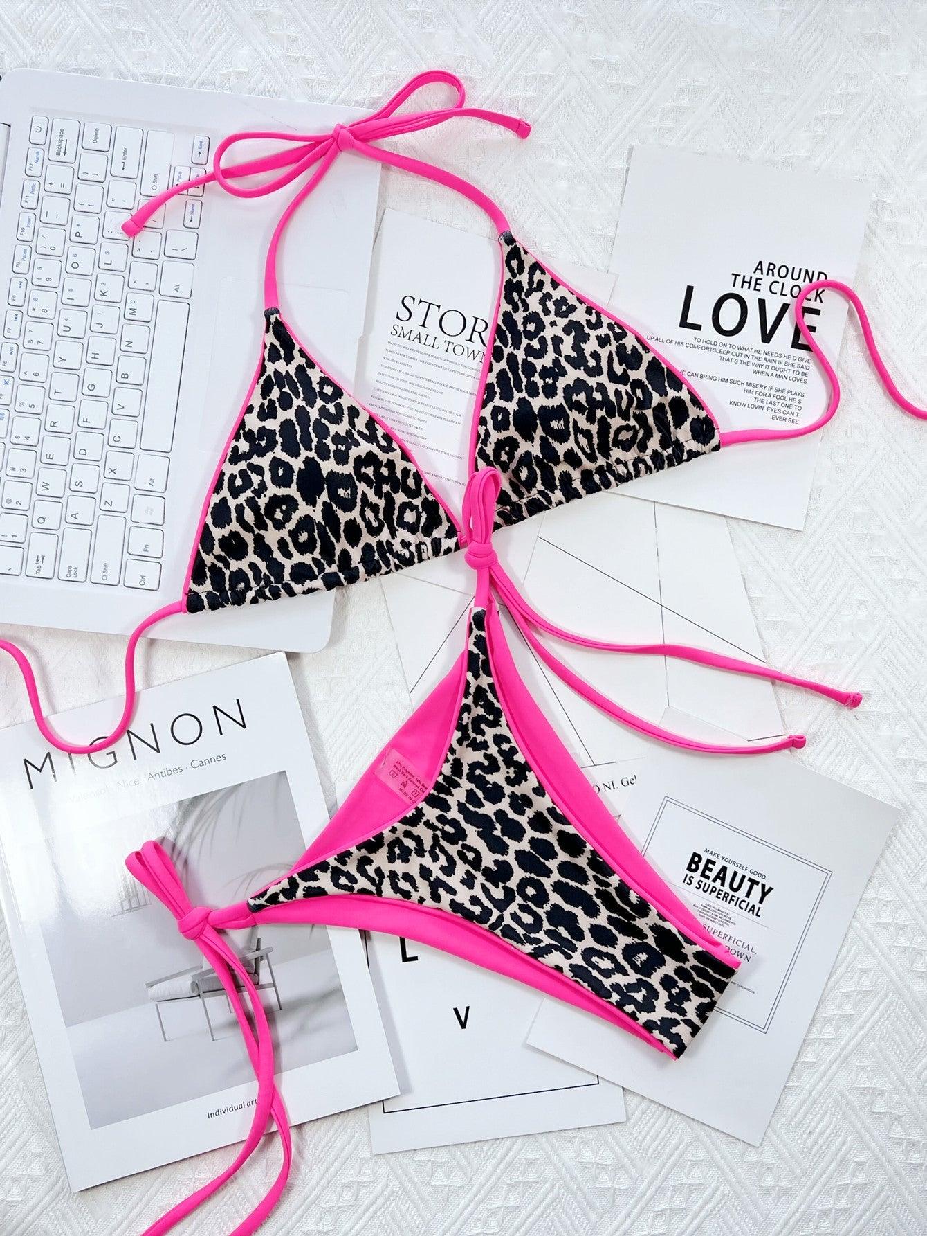 Leopard Print Halter Neck Tie Side Bikini Set - Clothes For Her Online Store