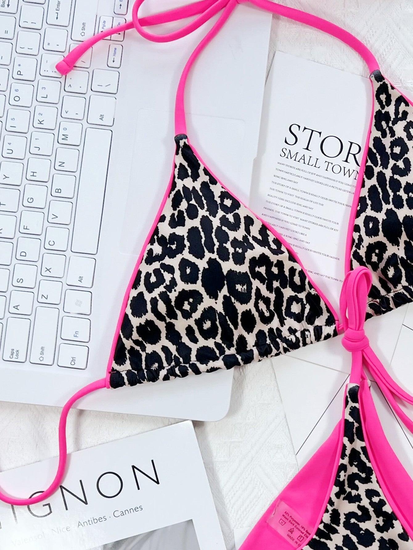 Leopard Print Halter Neck Tie Side Bikini Set - Clothes For Her Online Store